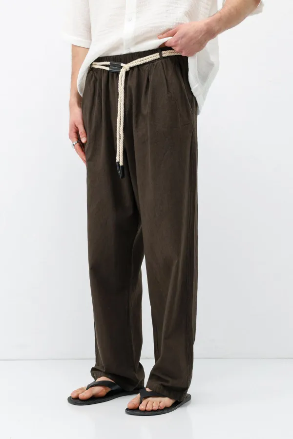 Kemer Detaylı Oversize Keten Pantolon Kahve