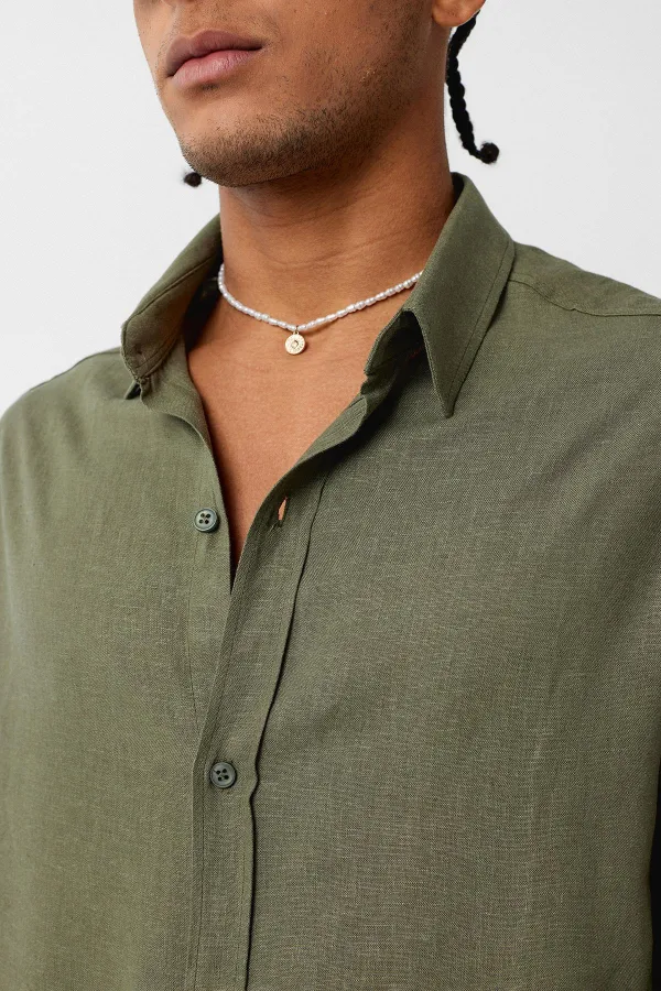 Basic Oversize Uzun Kollu Keten Gömlek Haki