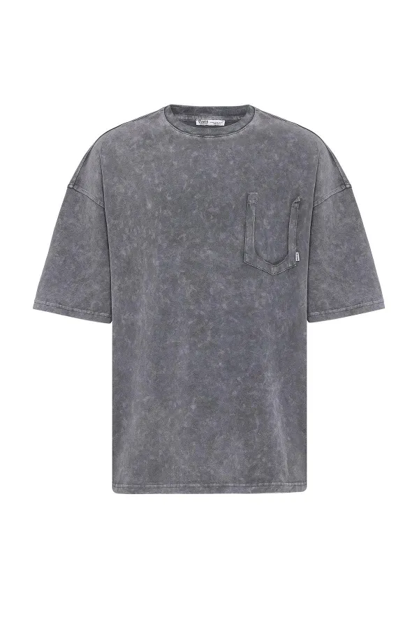Yıkamalı Cep Detaylı Oversize Tişört Açık Füme