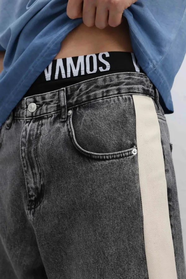Yan Şeritli Baggy Fit Jean Antrasit