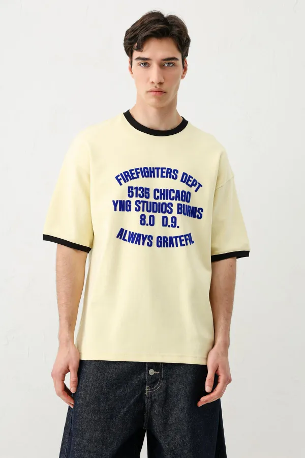 Baskılı Bisiklet Yaka Oversize Tişört Sarı