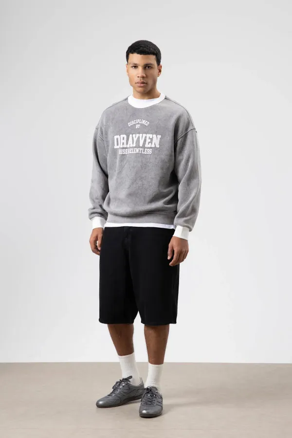 Oversize Bisiklet Yaka Baskılı Sweatshirt Gri