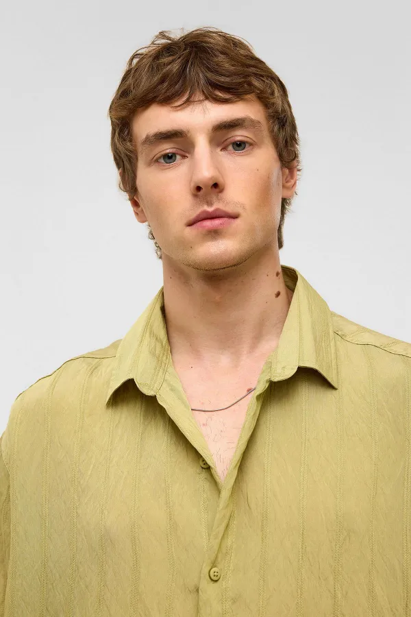 Oversize Striped Short-Sleeved Modal Fabric Shirt, Green