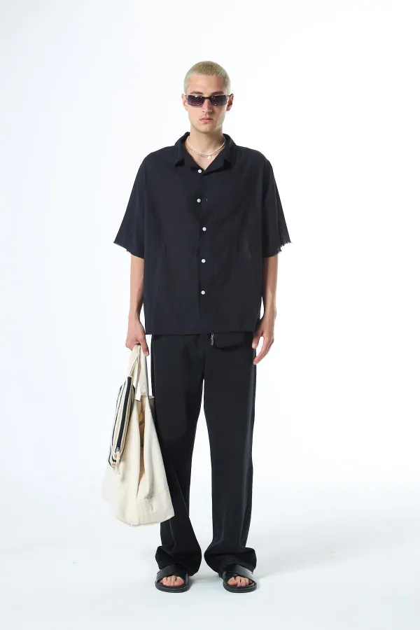 Dikişsiz Kısa Kol Cepsiz Oversize Keten Gömlek Siyah