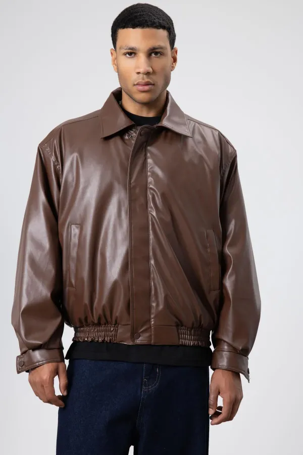 Veste oversize basique en similicuir marron