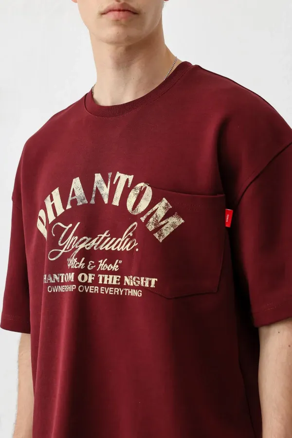 Kısa Kollu Boxy Fit Baskılı Tişört Bordo