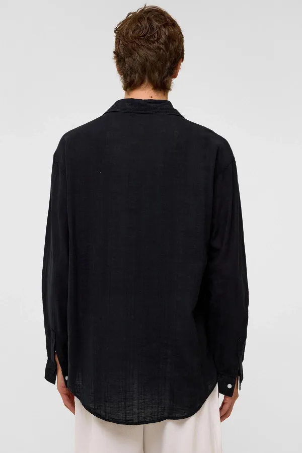 Oversize Çizgili Uzun Kollu Keten Gömlek Siyah