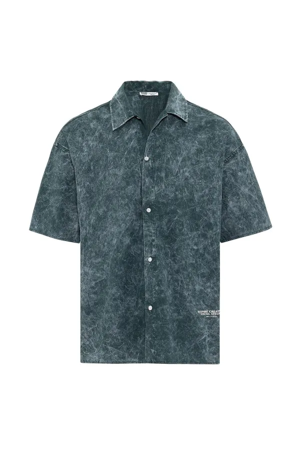 Yıkamalı Yazı Baskılı Oversize Kısa Kol Gömlek Nefti