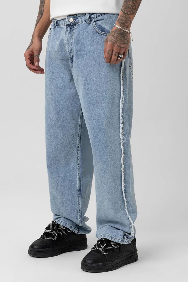 Yan Dikiş Detaylı Baggy Jean Açık Mavi Melanj