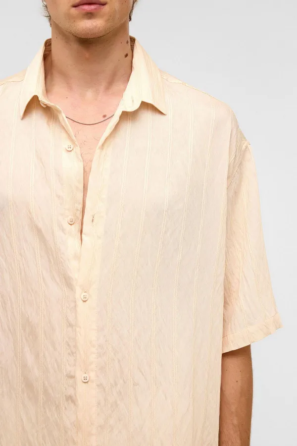 Oversize Striped Short-Sleeved Modal Fabric Shirt, Beige