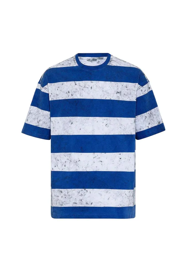 Yıkamalı Şeritli Oversize Tişört Mavi - Beyaz