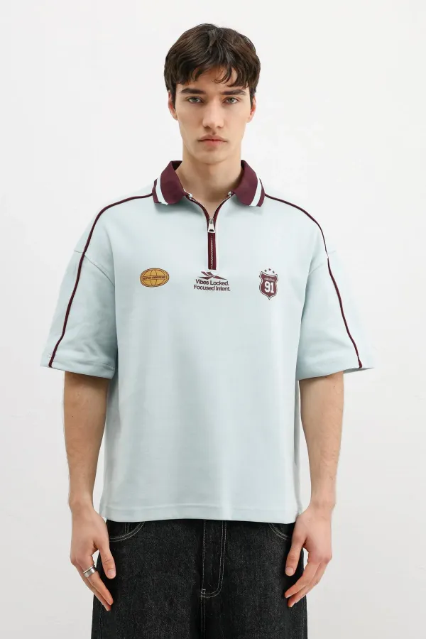 Fermuarlı Yaka Baskılı Oversize Tişört Bebe Mavi