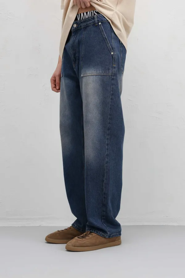 Jean ample à poches, teinte verte