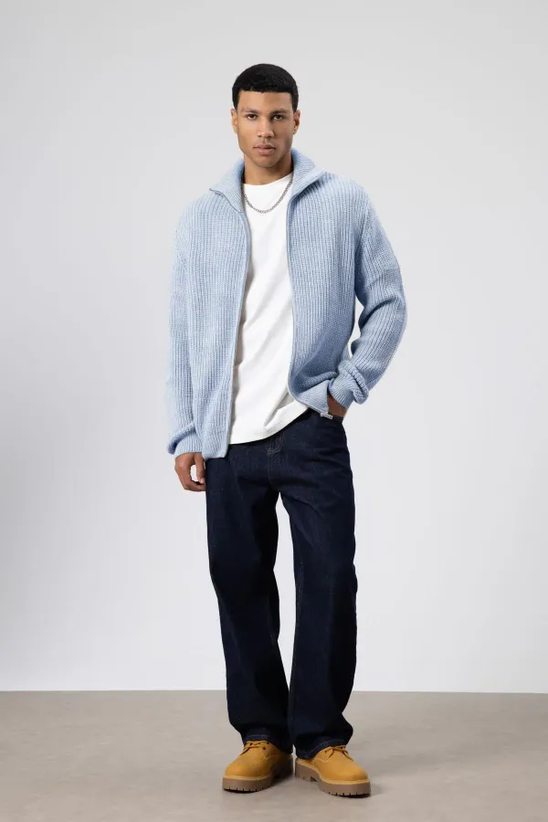 Oversize Zip-Up Knitted Cardigan, Baby Blue