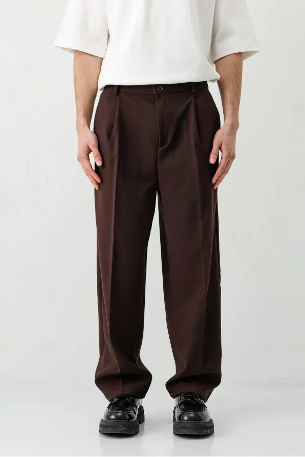 Baggy Fit Pleated Trousers, Brown