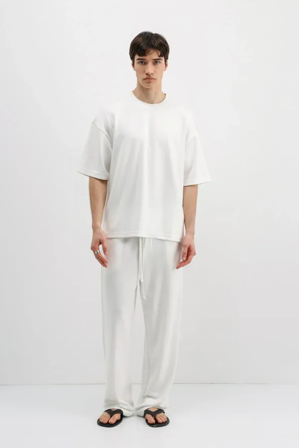 Fitilli Dokulu Baggy Eşofman Alt Ekru