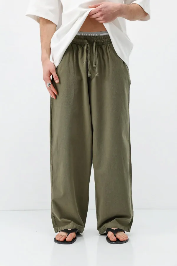 Super Baggy Fit Keten Pantolon Haki