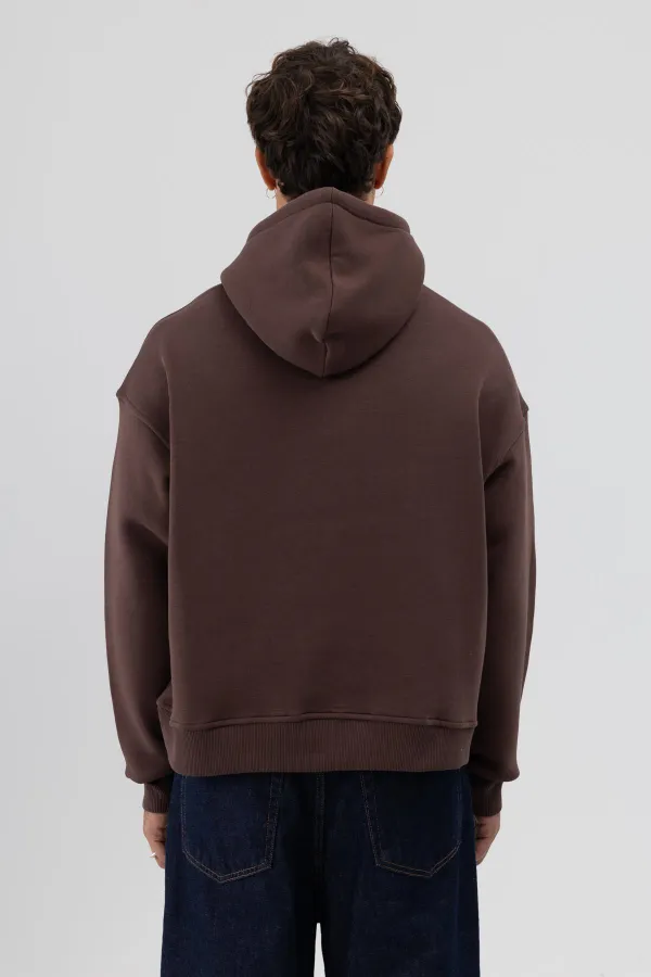 Basic Hooded Boxy Fit Sweatshirt Brown