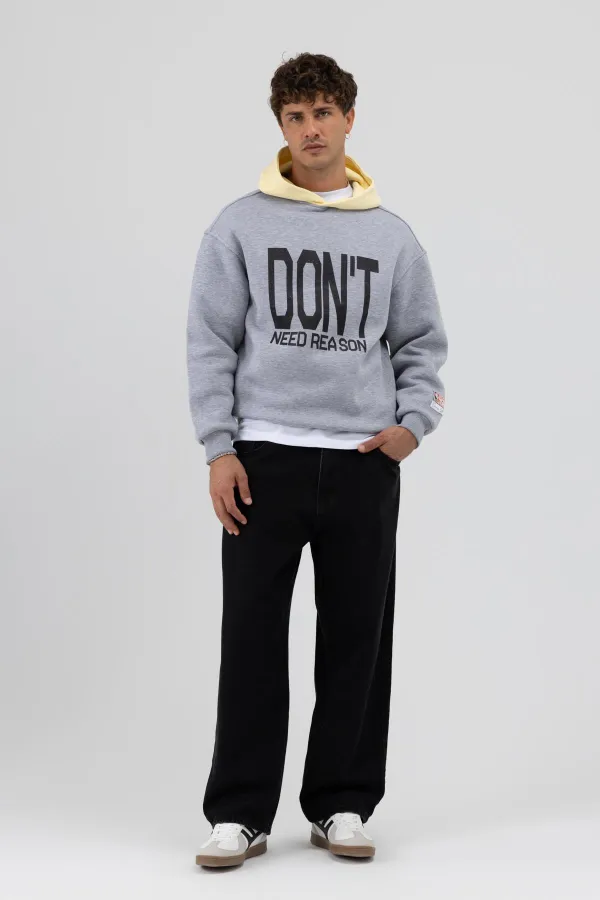 Çift Renk Baskılı Oversize Sweatshirt Gri Melanj