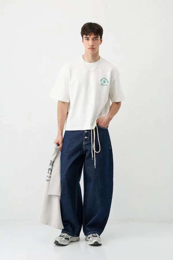 Kısa Kollu Boxy Fit Baskılı Tişört Ekru