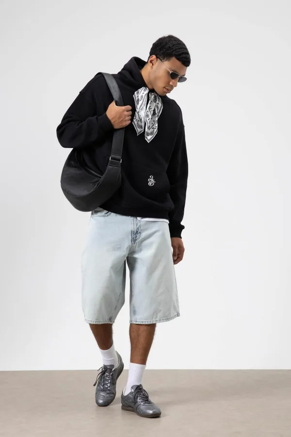 Oversize Hooded Sweatshirt with Scarf Detail, Black