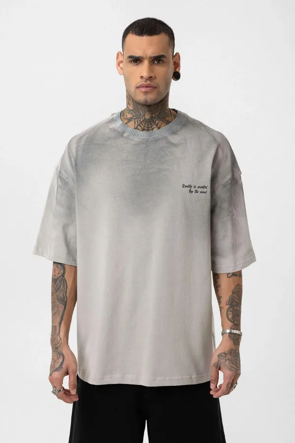Yıkamalı Yazı Detaylı Oversize Tişört Gri