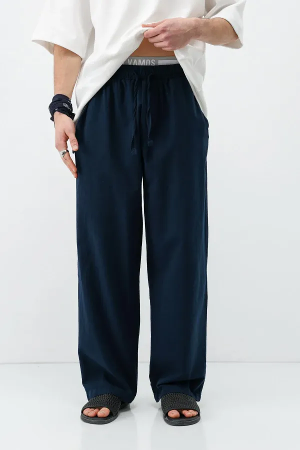 Bel Lastikli Baggy Fit Keten Pantolon Lacivert