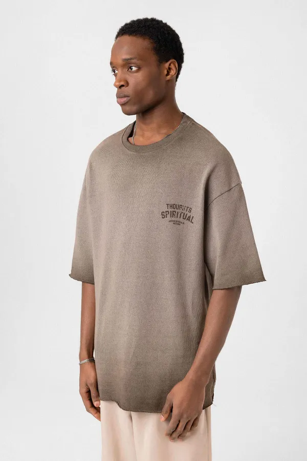 Yıkamalı Oversize Triko Tişört Kahve