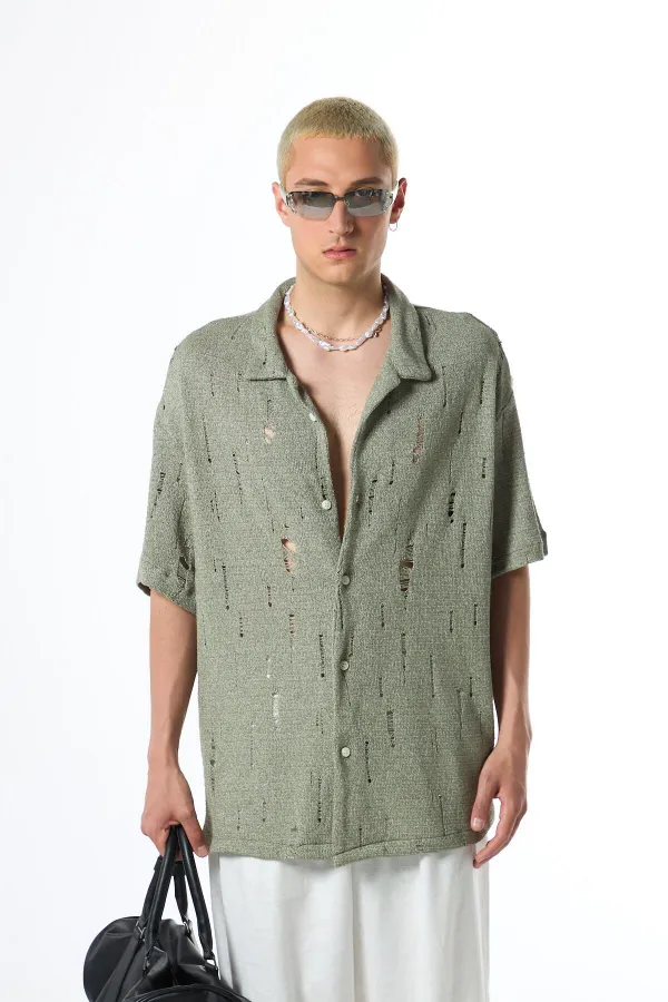 Oversize Deliklı Triko Gömlek Haki