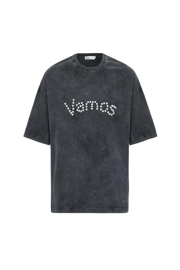 Yıkamalı Düğme Detaylı Oversize Tişört Siyah