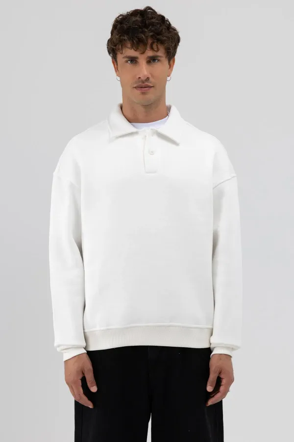 Basic Polo Yaka Sweatshirt Ekru
