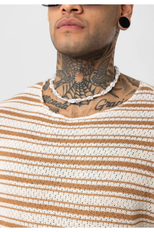 Çizgili Oversize Triko Tişört Camel