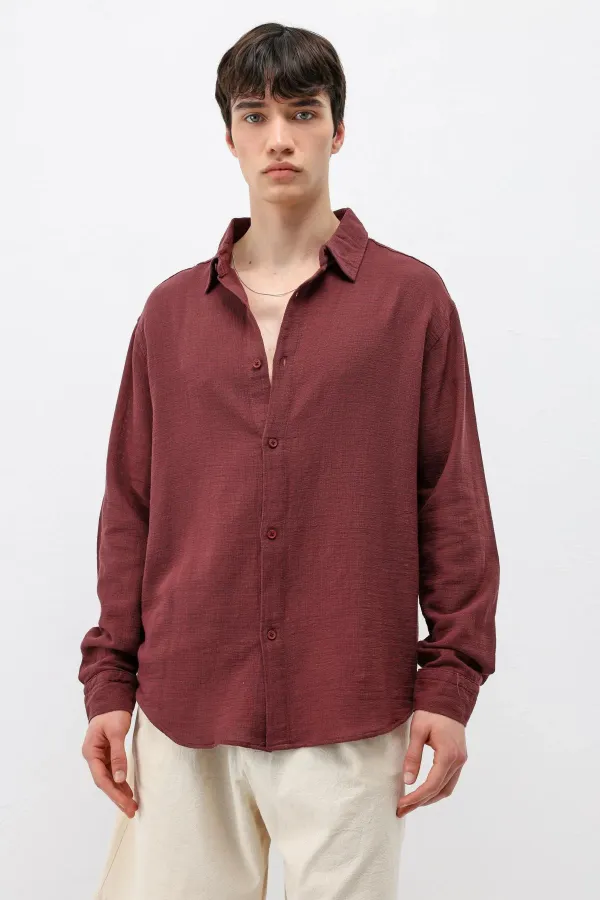 Uzun Kollu Basic Oversize Gömlek Bordo