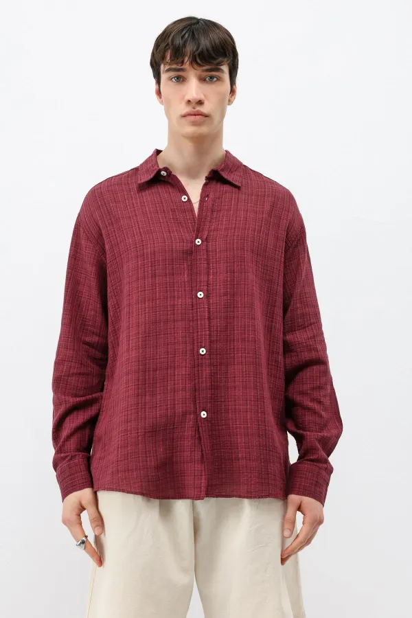Dokulu Keten Görünümlü Oversize Gömlek Bordo