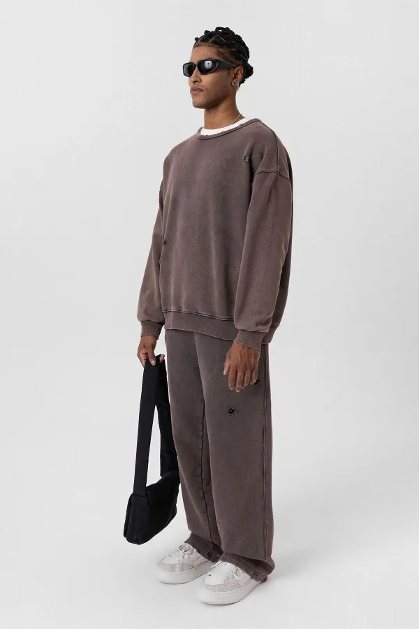 Premıum Yıkamalı Yırtık Detaylı Oversize Eşofman Takım Kahve