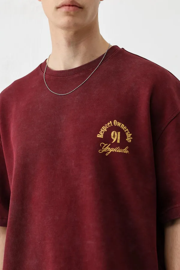 Kısa Kollu Boxy Fit Baskılı Tişört Bordo