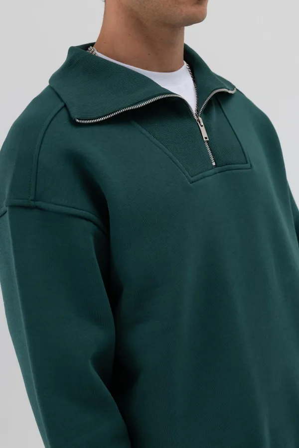 Sweat-shirt basique à fermeture éclair et col montant, bleu marine