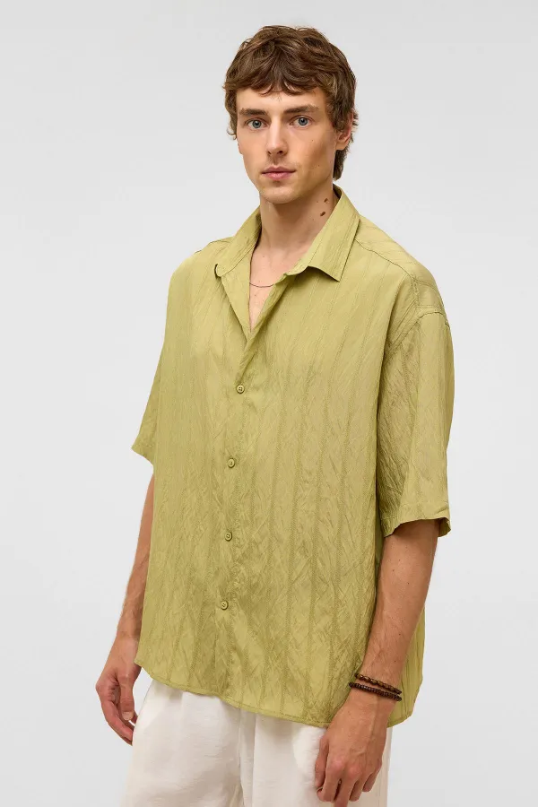 Oversize Striped Short-Sleeved Modal Fabric Shirt, Green