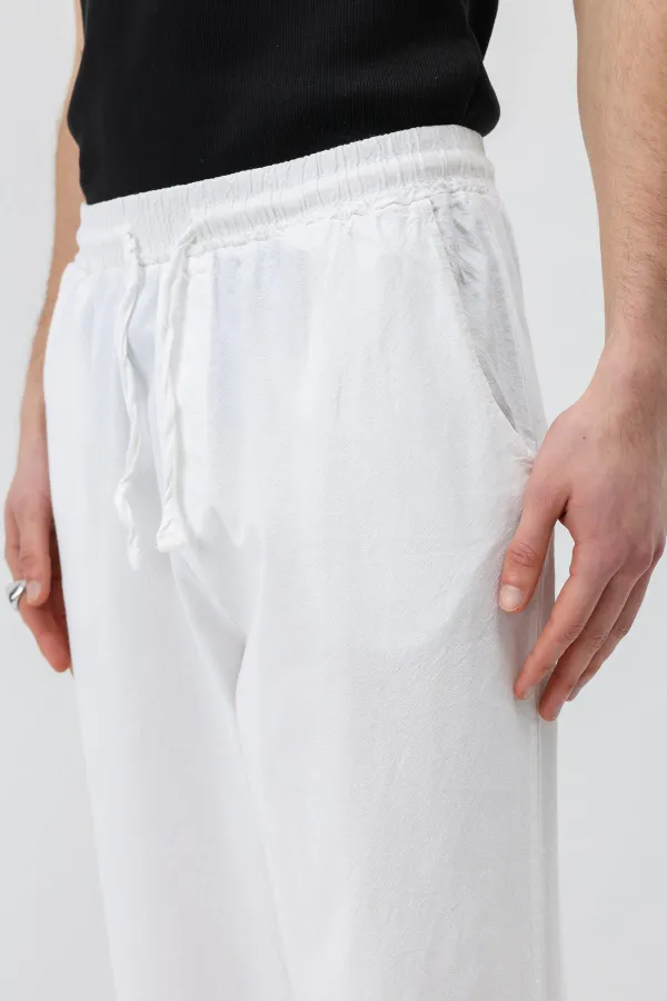 Bel Lastikli Baggy Fit Keten Pantolon Beyaz