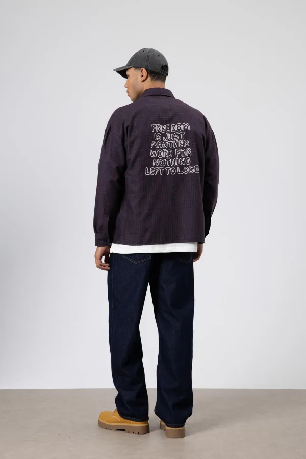 Oversize Baskılı Günlük Kareli Gömlek Bordo