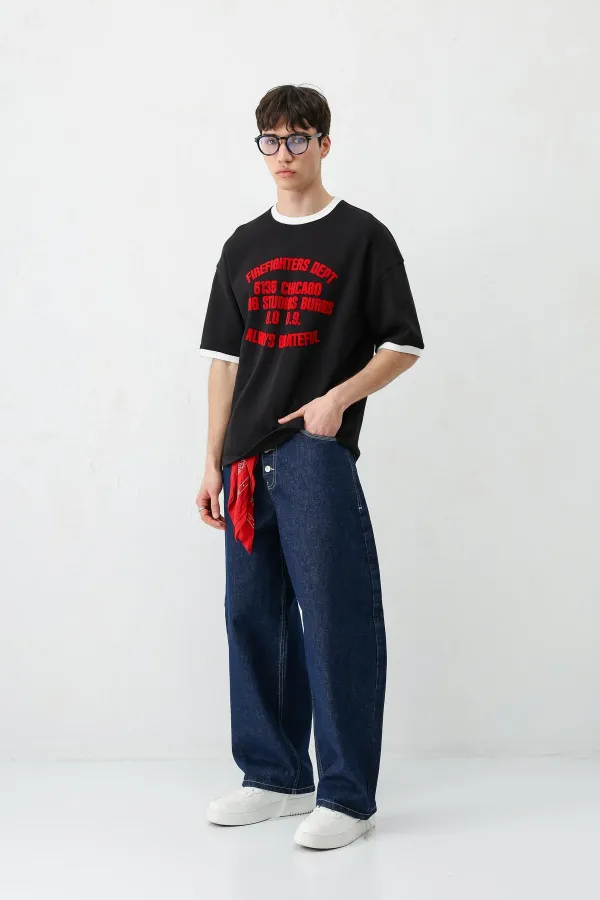 Baskılı Bisiklet Yaka Oversize Tişört Siyah