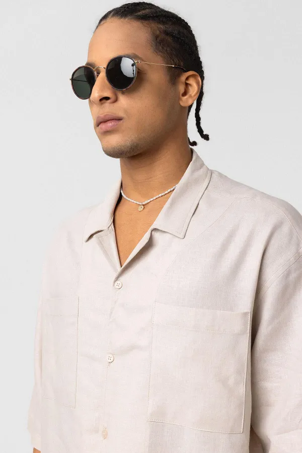 Double Pocket Oversize Linen Shirt, Beige