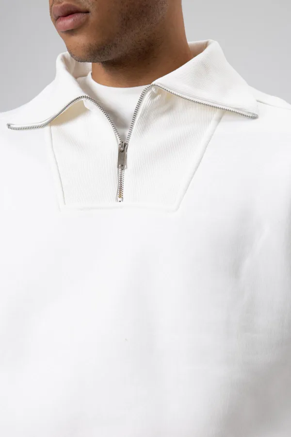 Sweat-shirt basique à fermeture éclair et col montant, écru