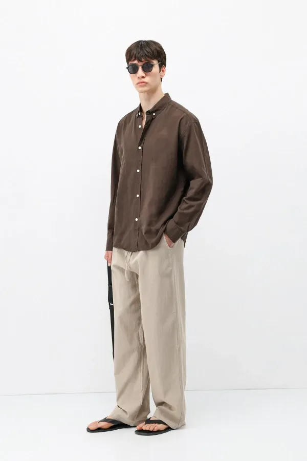 Basic Oversize Pamuk  Keten Gömlek Kahve
