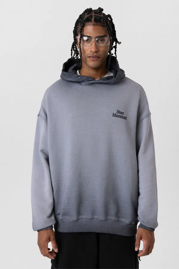 Premıum Yıkamalı Yazı Detaylı Oversize Kapüşonlu Sweatshirt Gri
