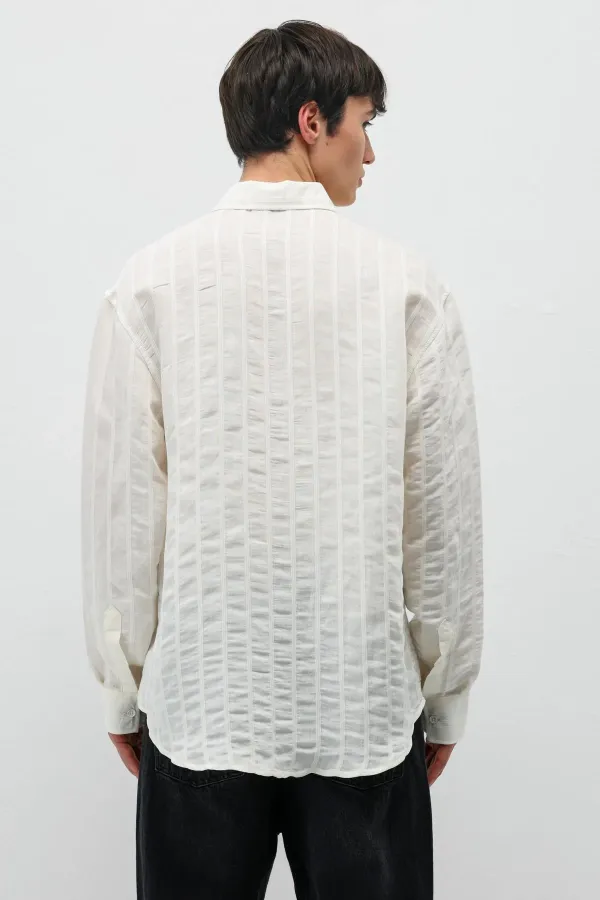 Çizgili Oversize Gömlek Ekru