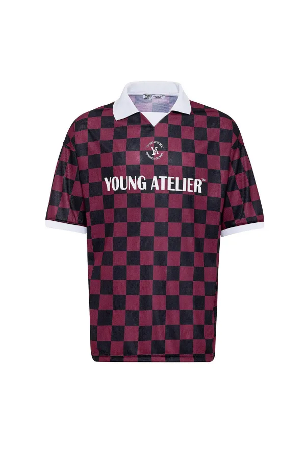 Oversize Polo Collar Jersey T-Shirt BURGUNDY/BLACK