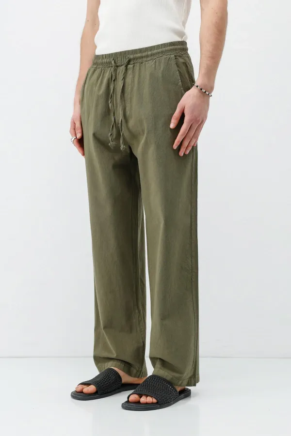 Pantalon ample en lin kaki avec taille élastique