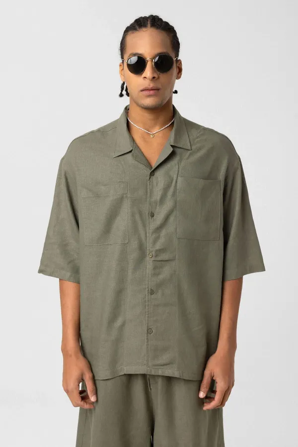 Double Pocket Oversize Linen Shirt Khaki
