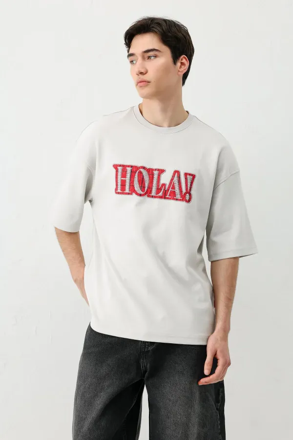 Yıkamalı Baskılı Oversize Tişört Açık Gri